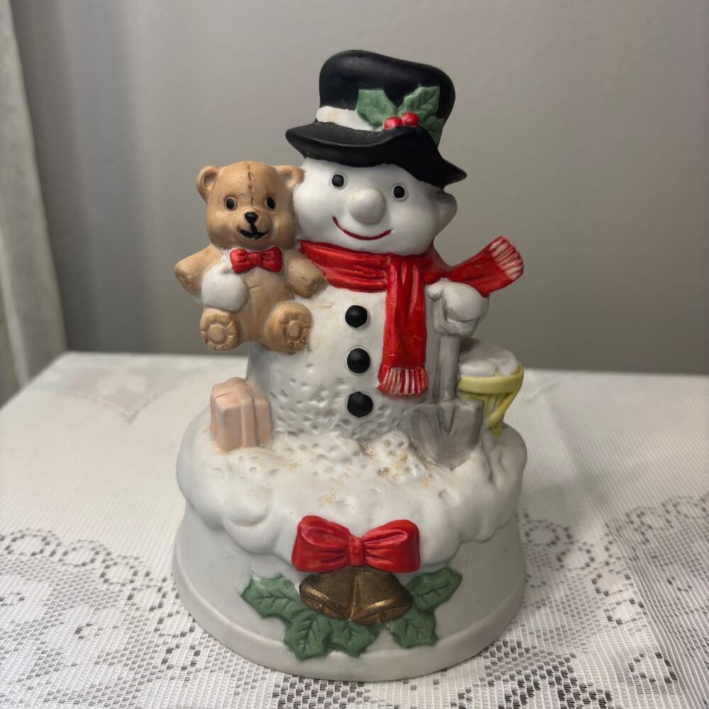 Vintage Snowman Figurine Music Box Flambro Whimsy Christmas Nostalgia Porcelain